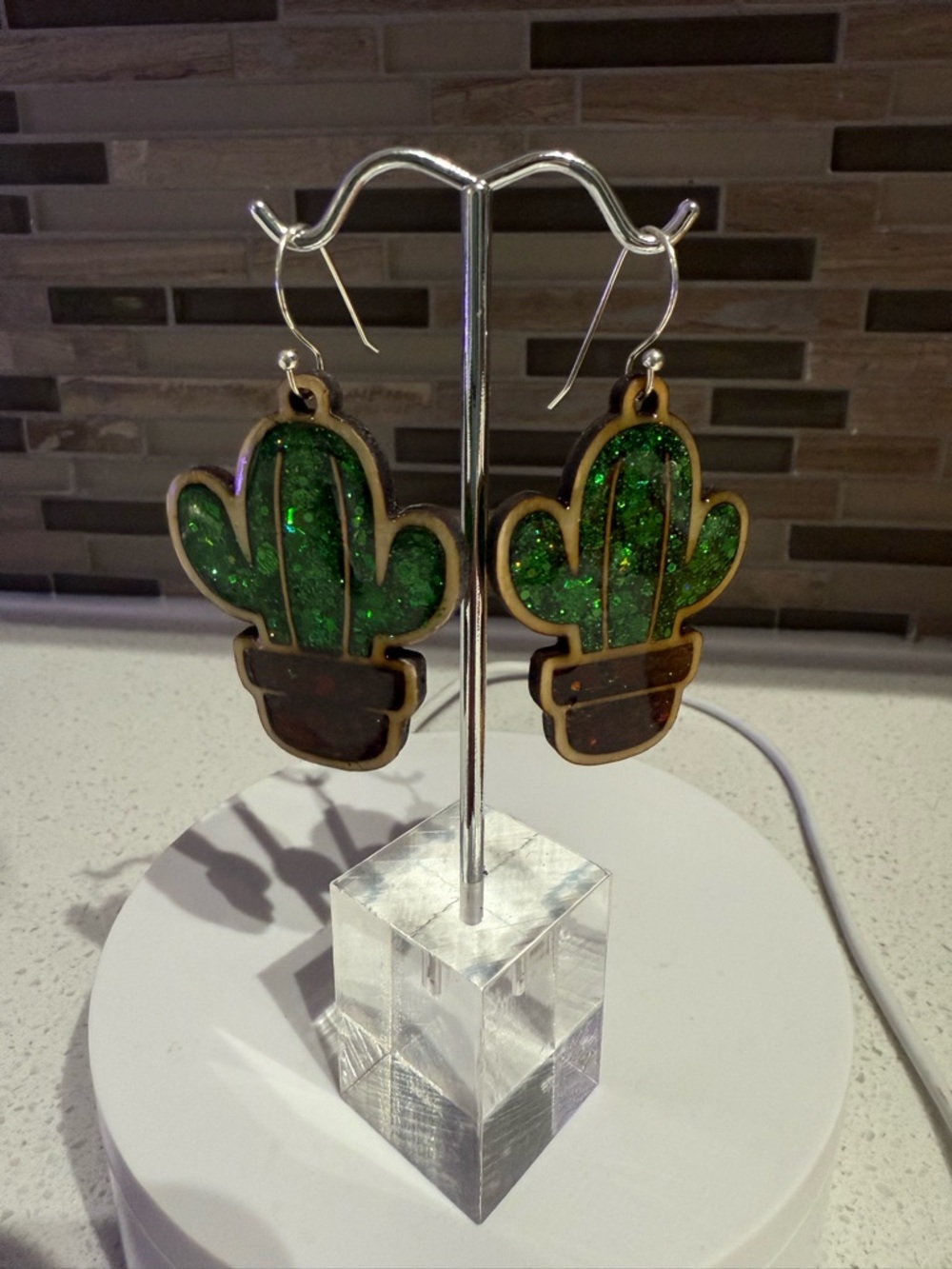Glitter Green Cactus Dangle Earrings